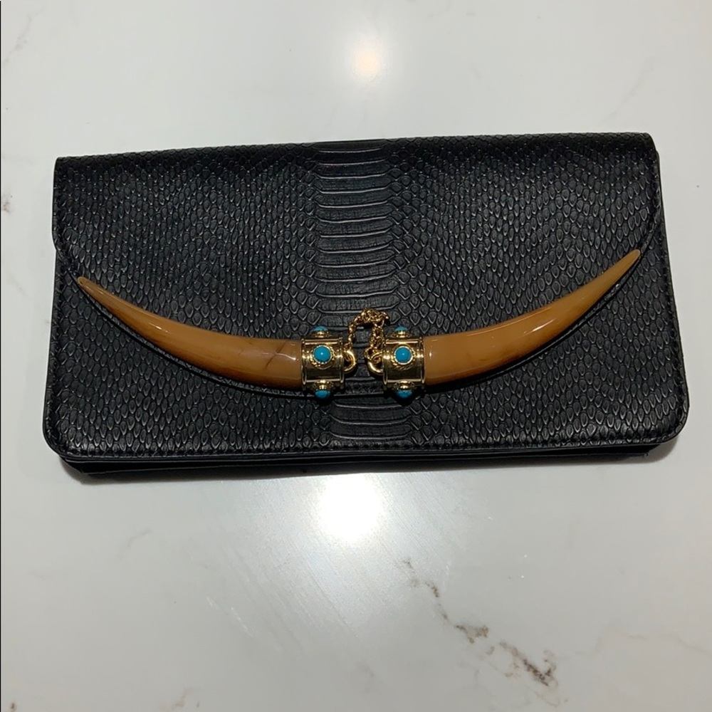 BCBG Maxazria black faux snake skin clutch